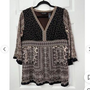 Axcess Blouse‎ Women’s 3/4 sleeve boho V-neck boho brown/cream print medium